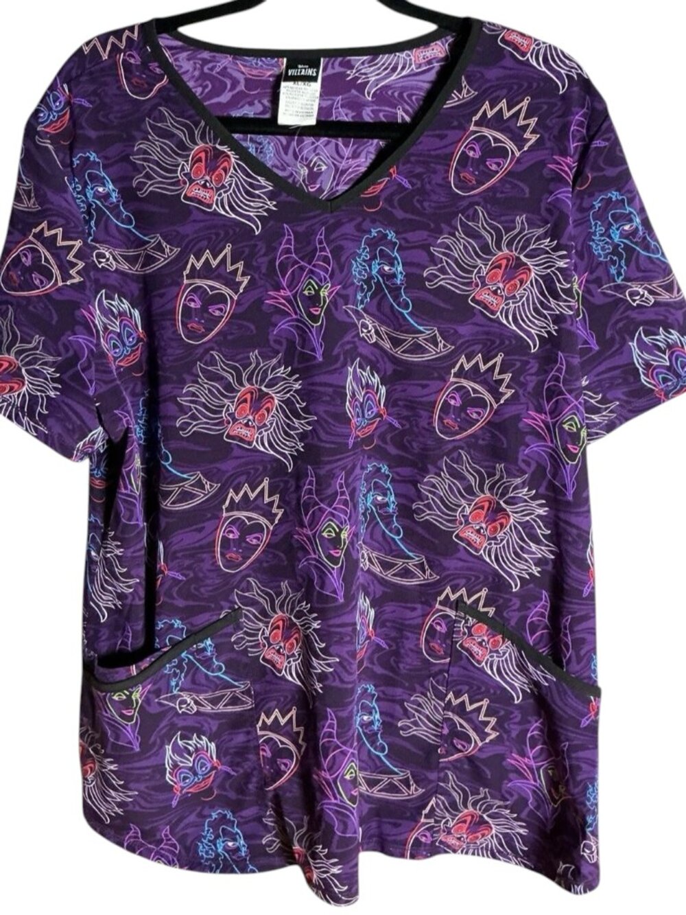 Disney Villains Scrub Top Women's Purple V-Neck Cruella Malefice Ursula Size XL